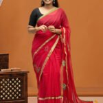 Vibrant Red Mul Cotton Saree with Floral Embroidery