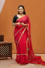 Vibrant Red Mul Cotton Saree with Floral Embroidery