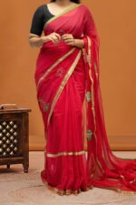 Vibrant Red Mul Cotton Saree with Floral Embroidery - Image 2