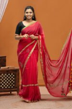Vibrant Red Mul Cotton Saree with Floral Embroidery - Image 3