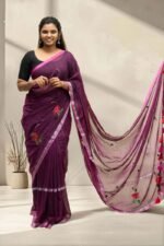 Deep Wine Handloom Mul Cotton Saree with Lotus Embroidery & Silver Zari Border - Image 4