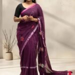 Deep Wine Handloom Mul Cotton Saree with Lotus Embroidery & Silver Zari Border