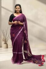 Deep Wine Handloom Mul Cotton Saree with Lotus Embroidery & Silver Zari Border