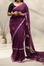 Deep Wine Handloom Mul Cotton Saree with Lotus Embroidery & Silver Zari Border - Image 2