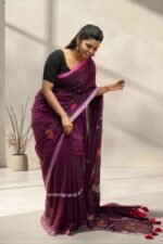 Deep Wine Handloom Mul Cotton Saree with Lotus Embroidery & Silver Zari Border - Image 3