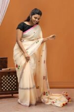Timeless Cream Mul Saree with Pink Floral Buttis and Silver Border Detail - Image 2
