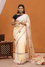 Timeless Cream Mul Saree with Pink Floral Buttis and Silver Border Detail