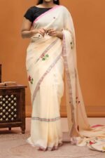 Timeless Cream Mul Saree with Pink Floral Buttis and Silver Border Detail - Image 4