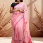 Pastel Pink Mul Cotton Saree featuring Rose Embroidery – Summer Ethnic Wear