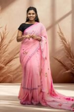 Pastel Pink Mul Cotton Saree featuring Rose Embroidery – Summer Ethnic Wear