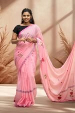 Pastel Pink Mul Cotton Saree featuring Rose Embroidery – Summer Ethnic Wear - Image 2