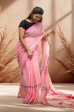 Pastel Pink Mul Cotton Saree featuring Rose Embroidery – Summer Ethnic Wear - Image 3