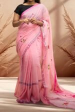 Pastel Pink Mul Cotton Saree featuring Rose Embroidery – Summer Ethnic Wear - Image 4
